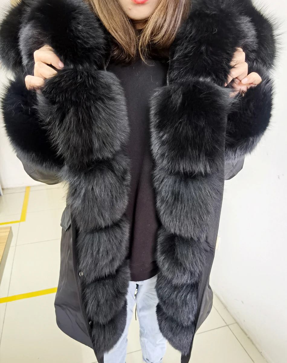 MMK fashion women's parka coat rabbit fur lining big raccoon fur collar winter coat jacket long hooded army green season warm ja