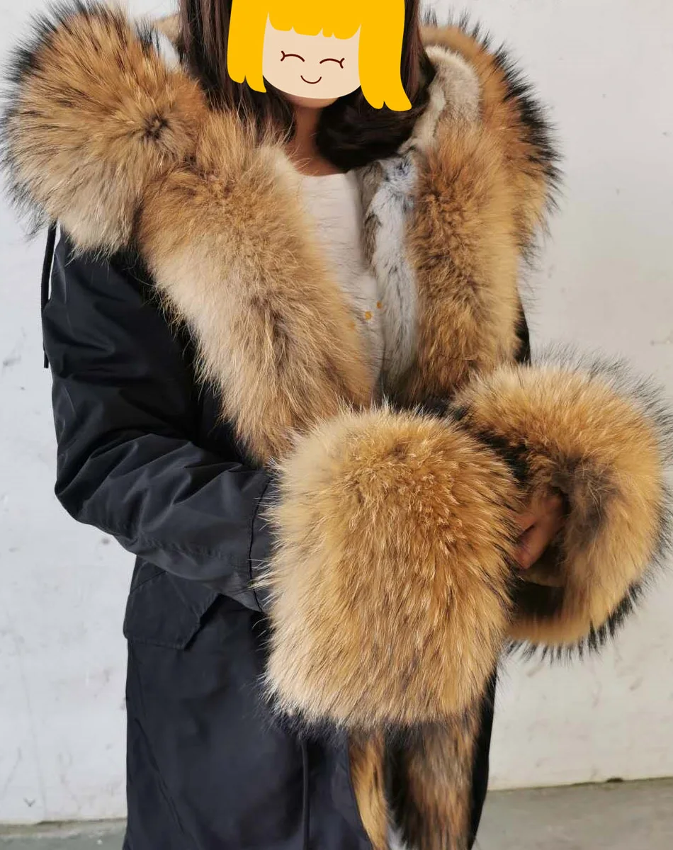 MMK fashion women's parka coat rabbit fur lining big raccoon fur collar winter coat jacket long hooded army green season warm ja
