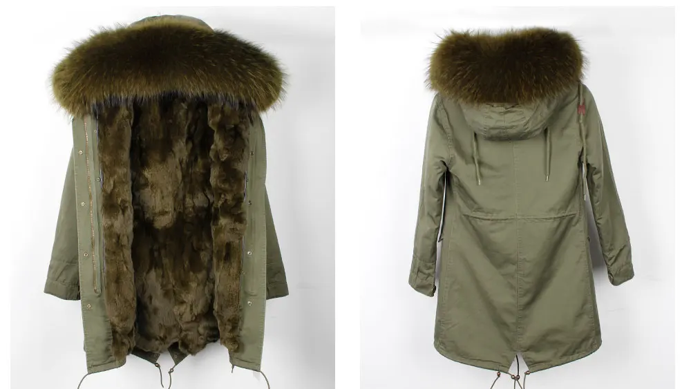 MMK fashion women's parka coat rabbit fur lining big raccoon fur collar winter coat jacket long hooded army green season warm ja
