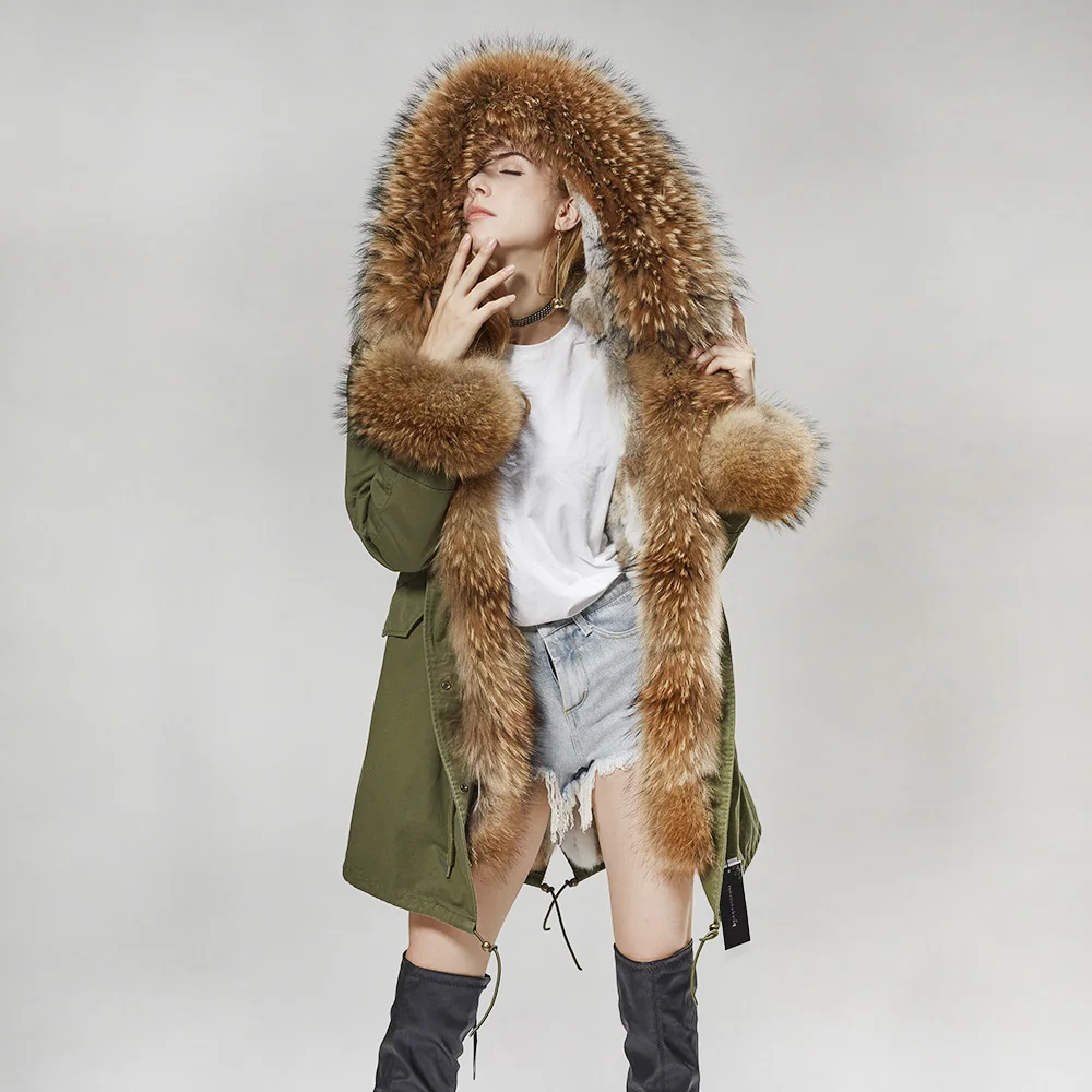 MMK fashion women's parka coat rabbit fur lining big raccoon fur collar winter coat jacket long hooded army green season warm ja