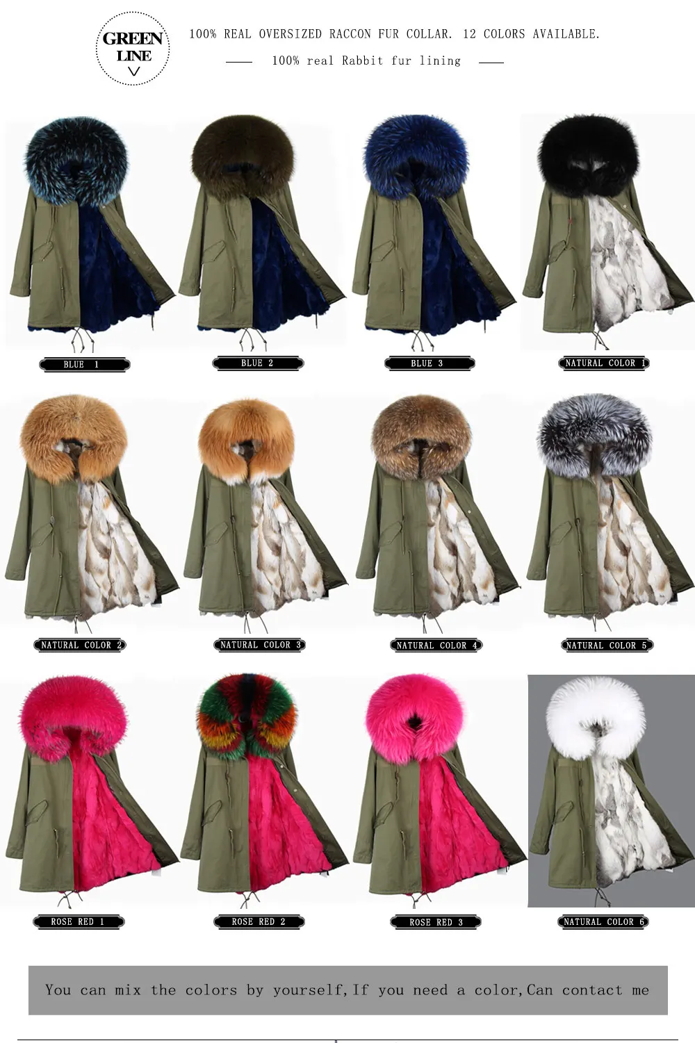 MMK fashion women's parka coat rabbit fur lining big raccoon fur collar winter coat jacket long hooded army green season warm ja