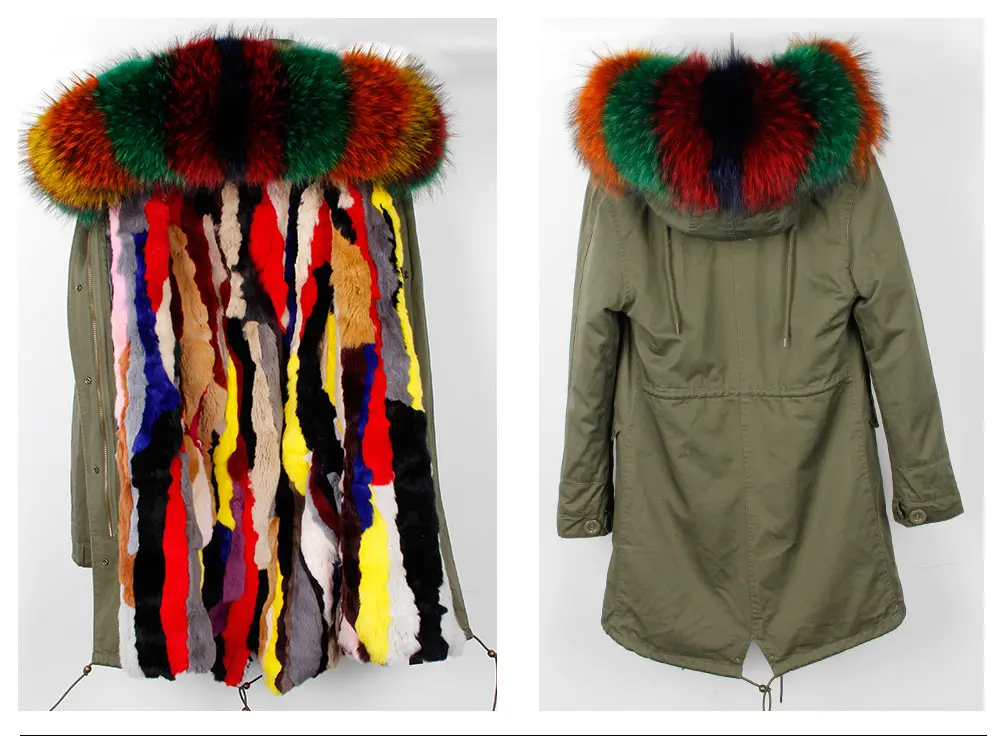 MMK fashion women's parka coat rabbit fur lining big raccoon fur collar winter coat jacket long hooded army green season warm ja