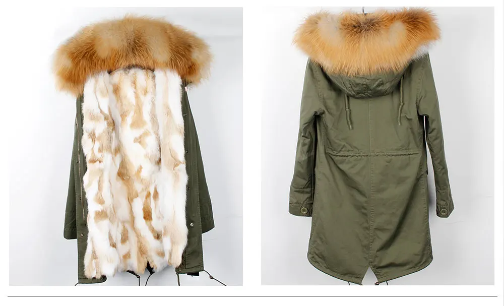MMK fashion women's parka coat rabbit fur lining big raccoon fur collar winter coat jacket long hooded army green season warm ja
