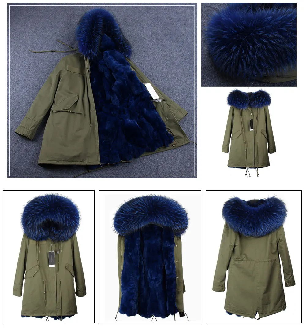 MMK fashion women's parka coat rabbit fur lining big raccoon fur collar winter coat jacket long hooded army green season warm ja