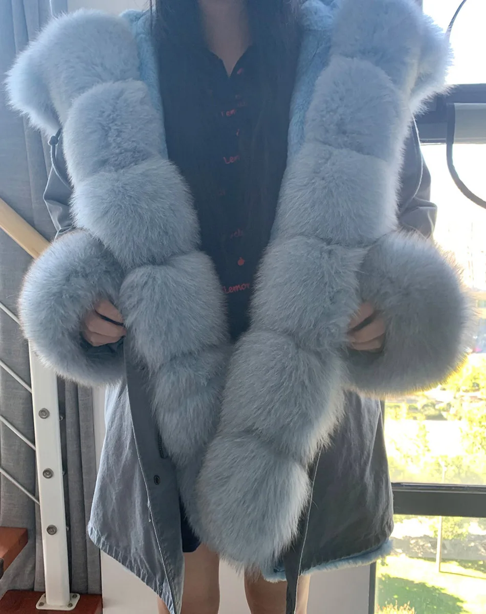 MMK fashion women's parka coat rabbit fur lining big raccoon fur collar winter coat jacket long hooded army green season warm ja