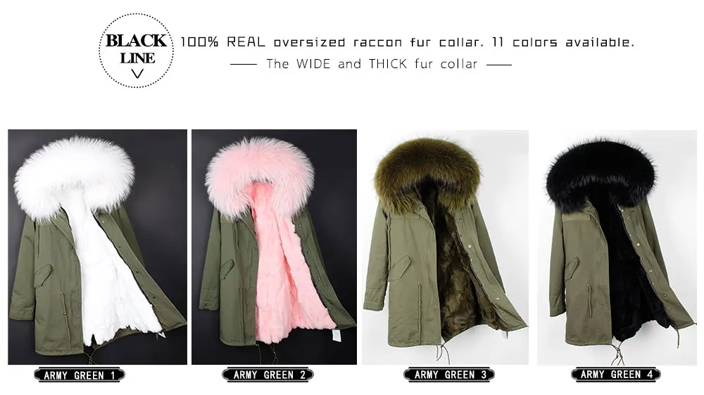 MMK fashion women's parka coat rabbit fur lining big raccoon fur collar winter coat jacket long hooded army green season warm ja