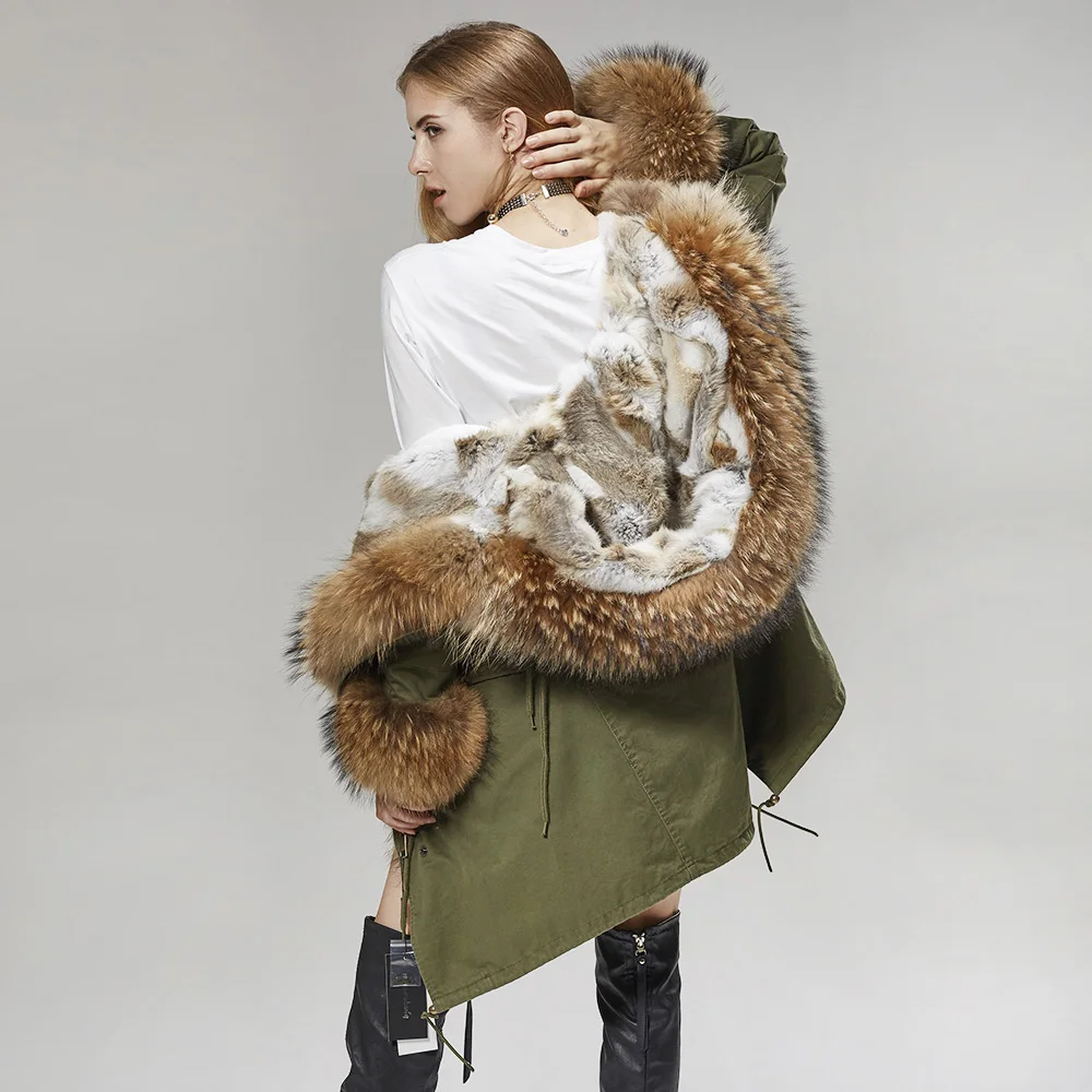 MMK fashion women's parka coat rabbit fur lining big raccoon fur collar winter coat jacket long hooded army green season warm ja