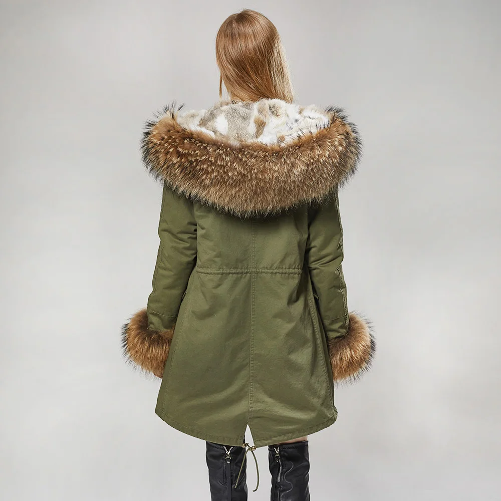 MMK fashion women's parka coat rabbit fur lining big raccoon fur collar winter coat jacket long hooded army green season warm ja