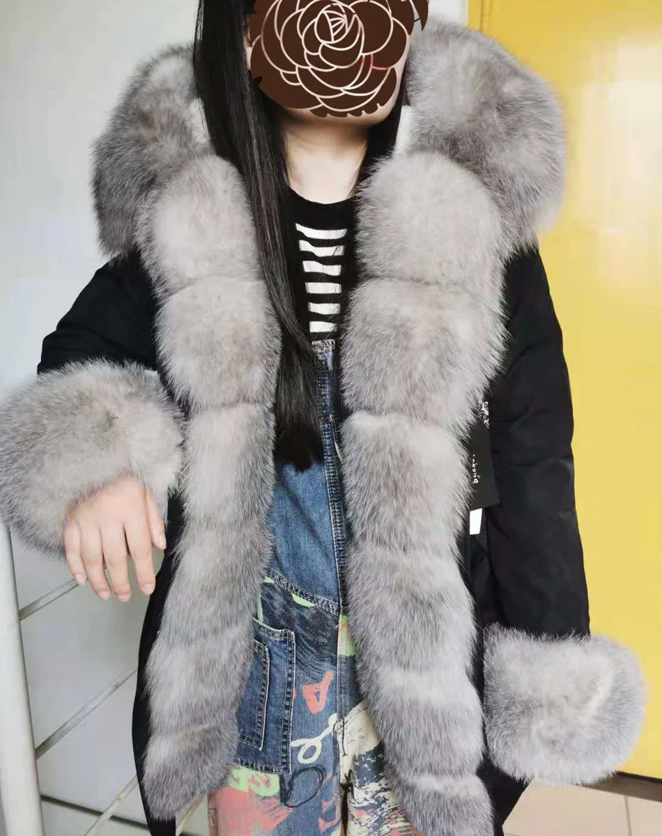 MMK fashion women's parka coat rabbit fur lining big raccoon fur collar winter coat jacket long hooded army green season warm ja