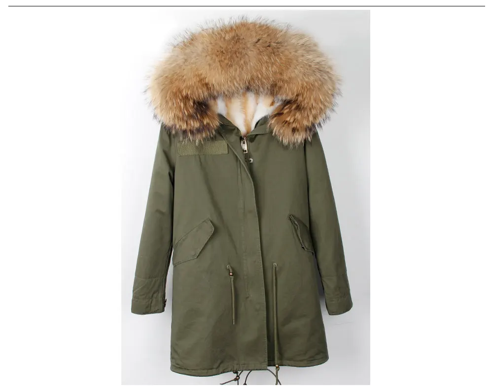 MMK fashion women's parka coat rabbit fur lining big raccoon fur collar winter coat jacket long hooded army green season warm ja