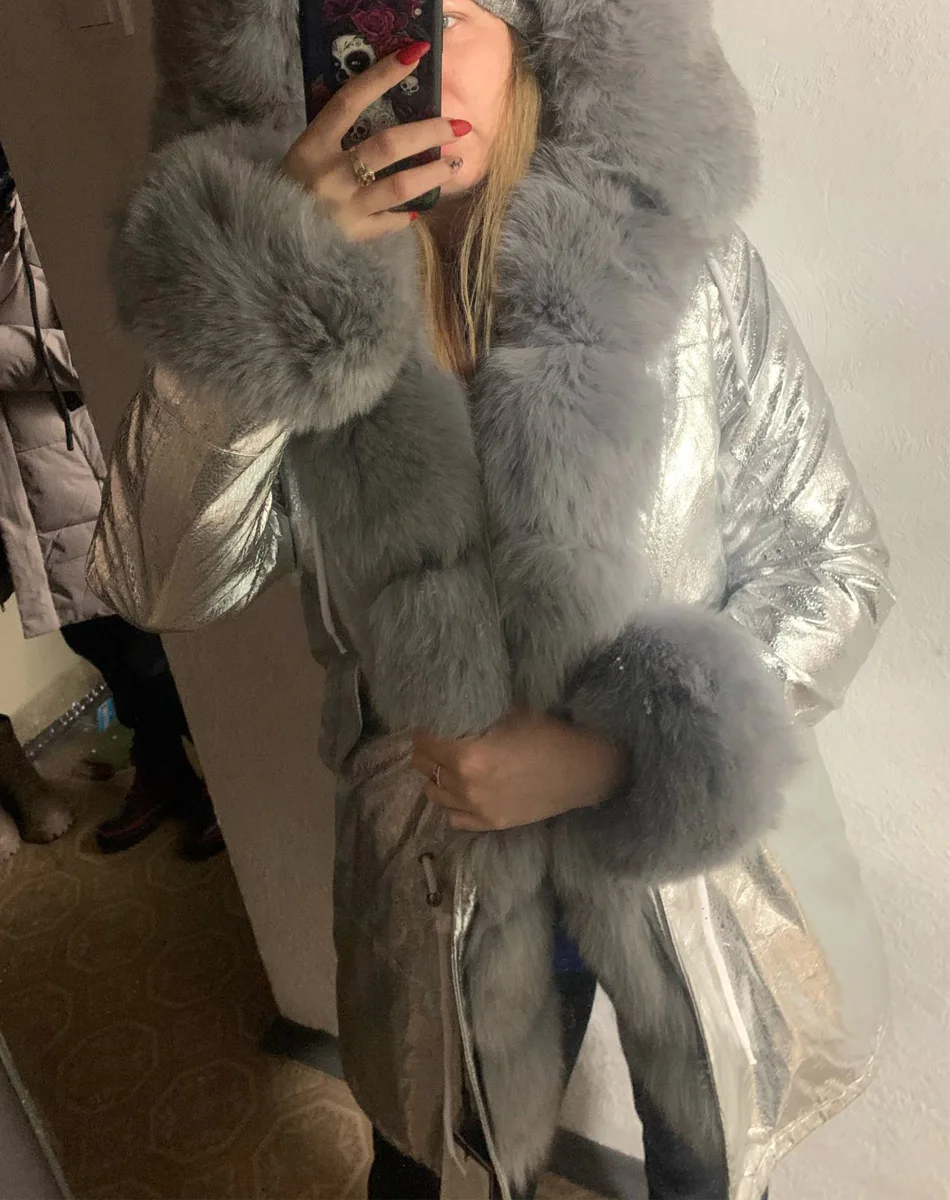 MMK fashion women's parka coat rabbit fur lining big raccoon fur collar winter coat jacket long hooded army green season warm ja