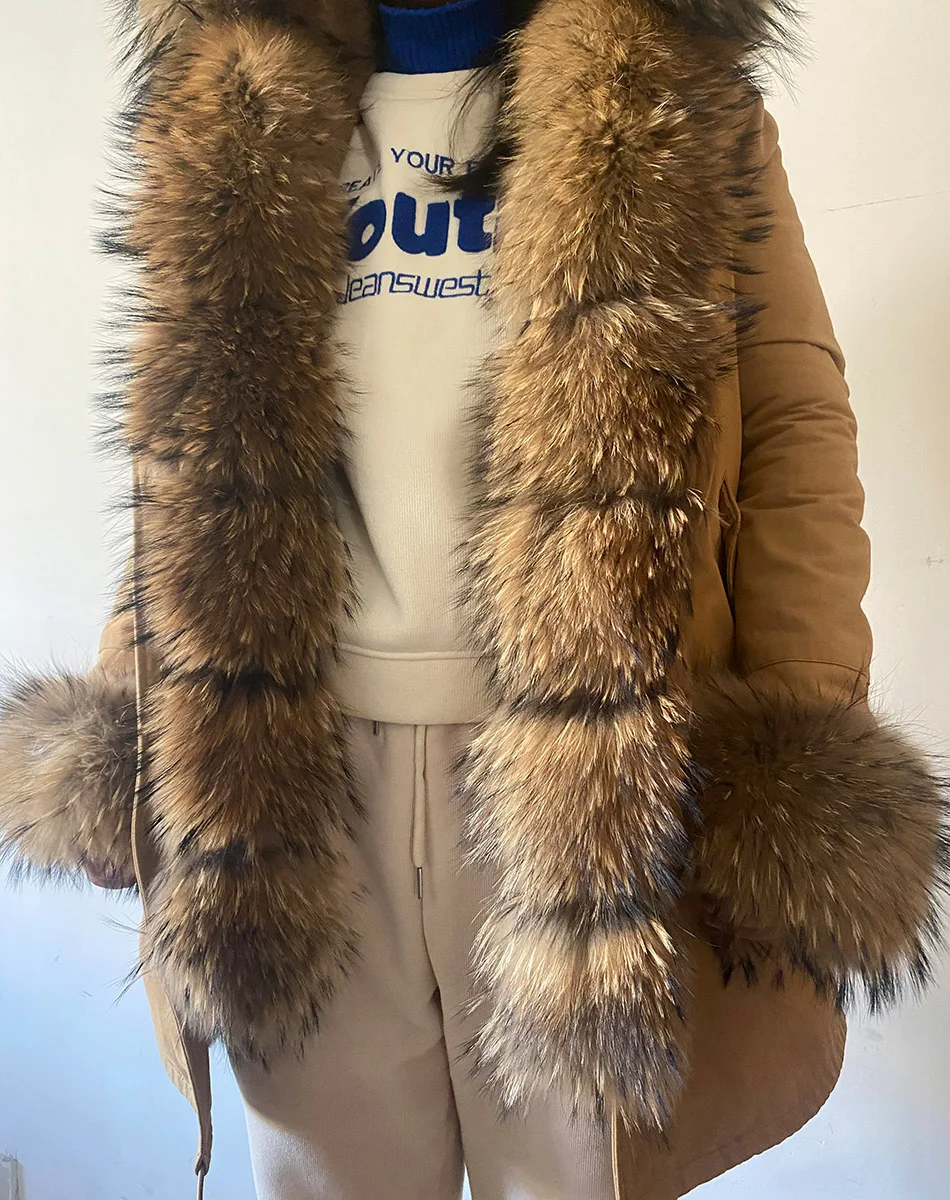 MMK fashion women's parka coat rabbit fur lining big raccoon fur collar winter coat jacket long hooded army green season warm ja