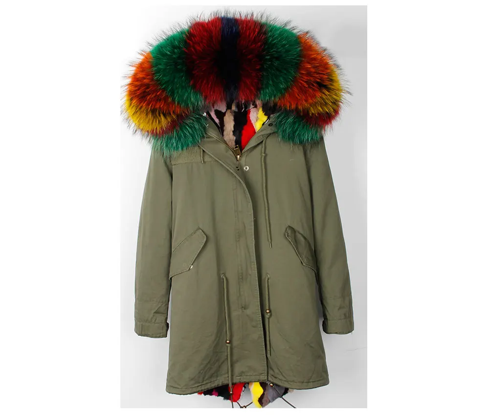 MMK fashion women's parka coat rabbit fur lining big raccoon fur collar winter coat jacket long hooded army green season warm ja