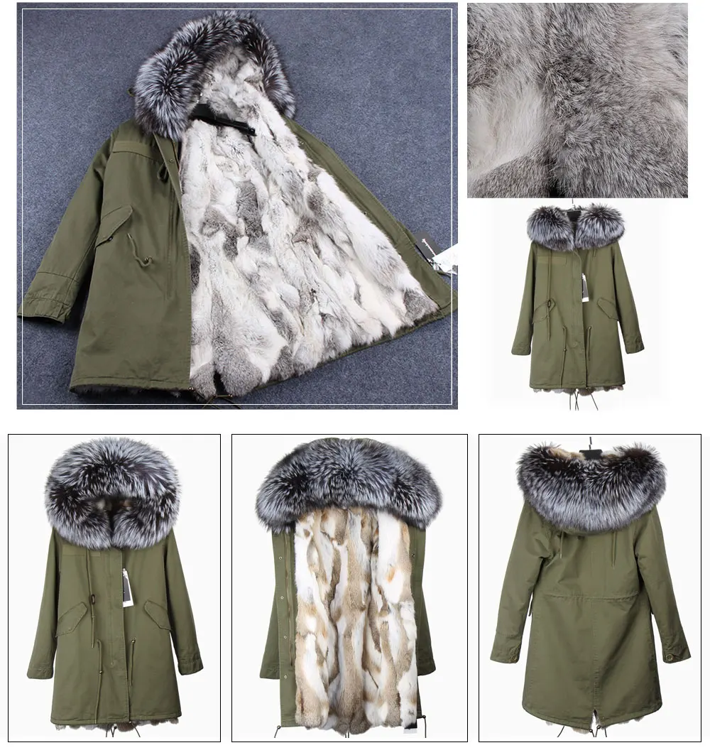 MMK fashion women's parka coat rabbit fur lining big raccoon fur collar winter coat jacket long hooded army green season warm ja