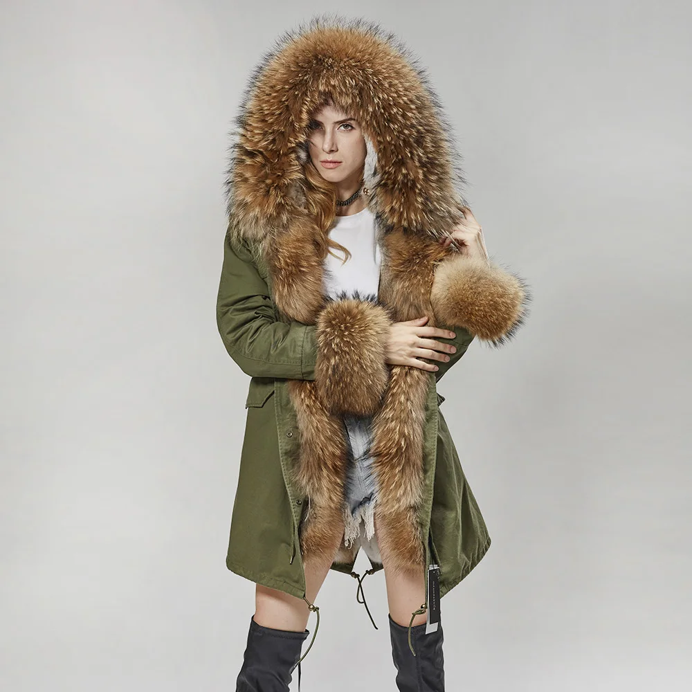MMK fashion women's parka coat rabbit fur lining big raccoon fur collar winter coat jacket long hooded army green season warm ja
