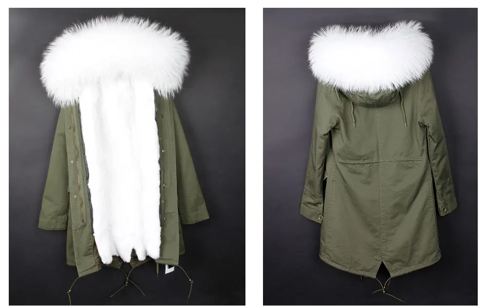 MMK fashion women's parka coat rabbit fur lining big raccoon fur collar winter coat jacket long hooded army green season warm ja