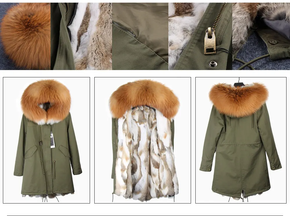 MMK fashion women's parka coat rabbit fur lining big raccoon fur collar winter coat jacket long hooded army green season warm ja