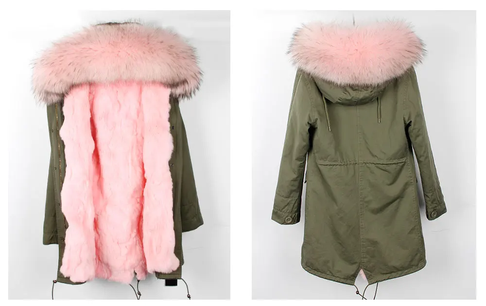 MMK fashion women's parka coat rabbit fur lining big raccoon fur collar winter coat jacket long hooded army green season warm ja