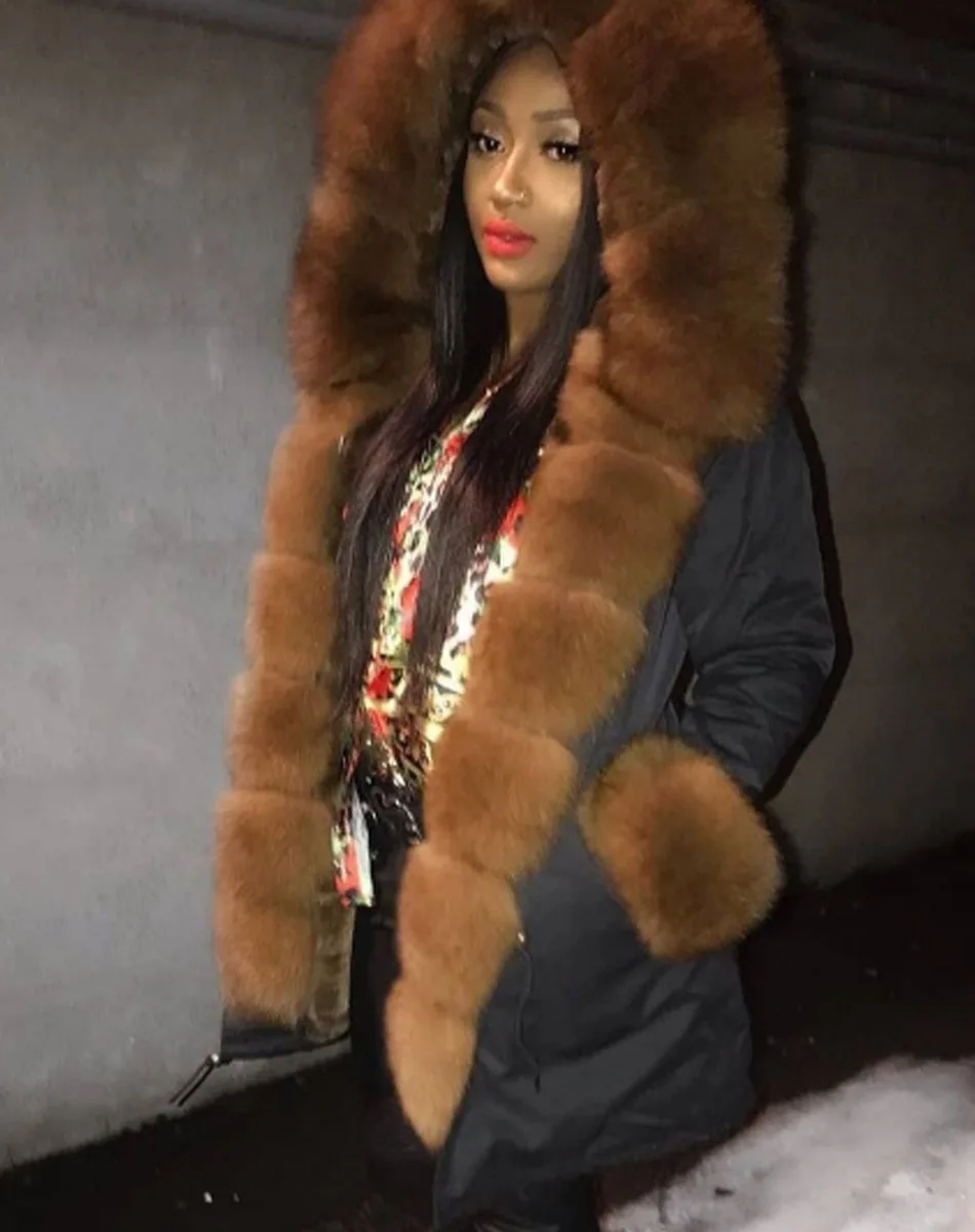 MMK fashion women's parka coat rabbit fur lining big raccoon fur collar winter coat jacket long hooded army green season warm ja