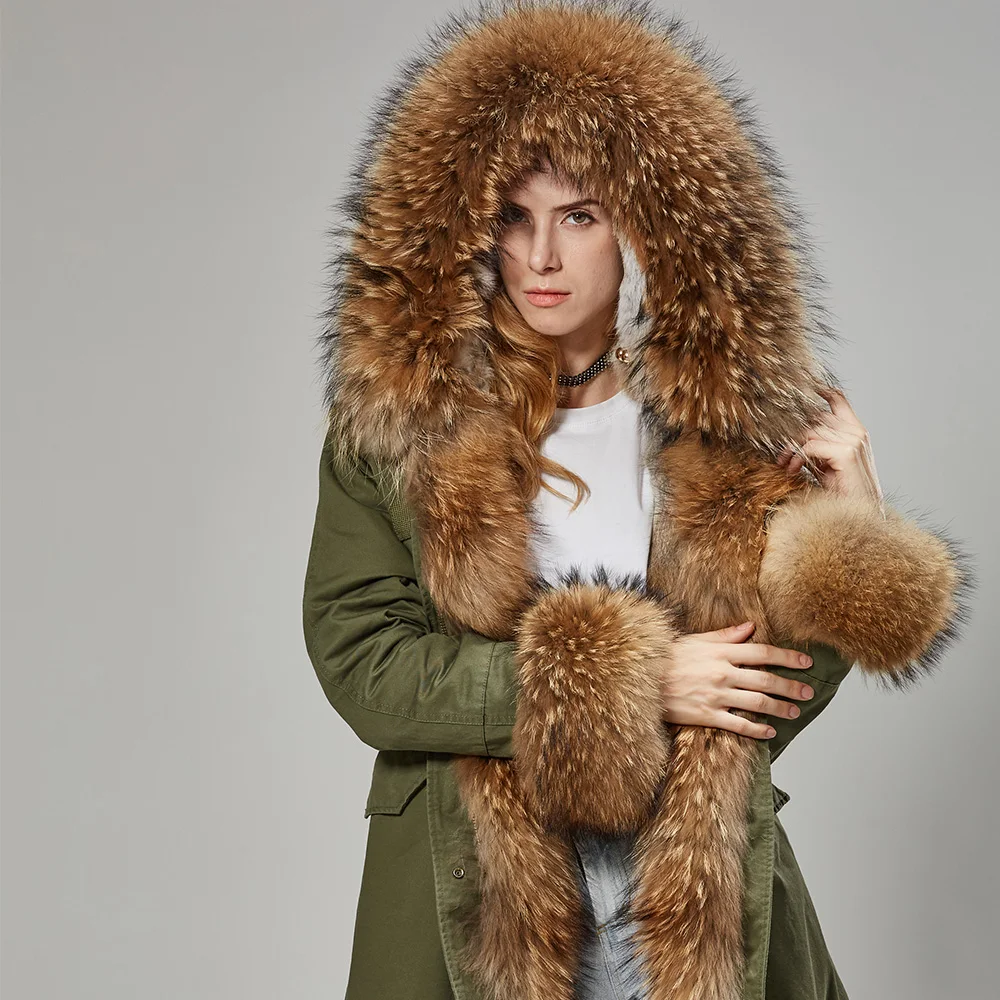 MMK fashion women's parka coat rabbit fur lining big raccoon fur collar winter coat jacket long hooded army green season warm ja