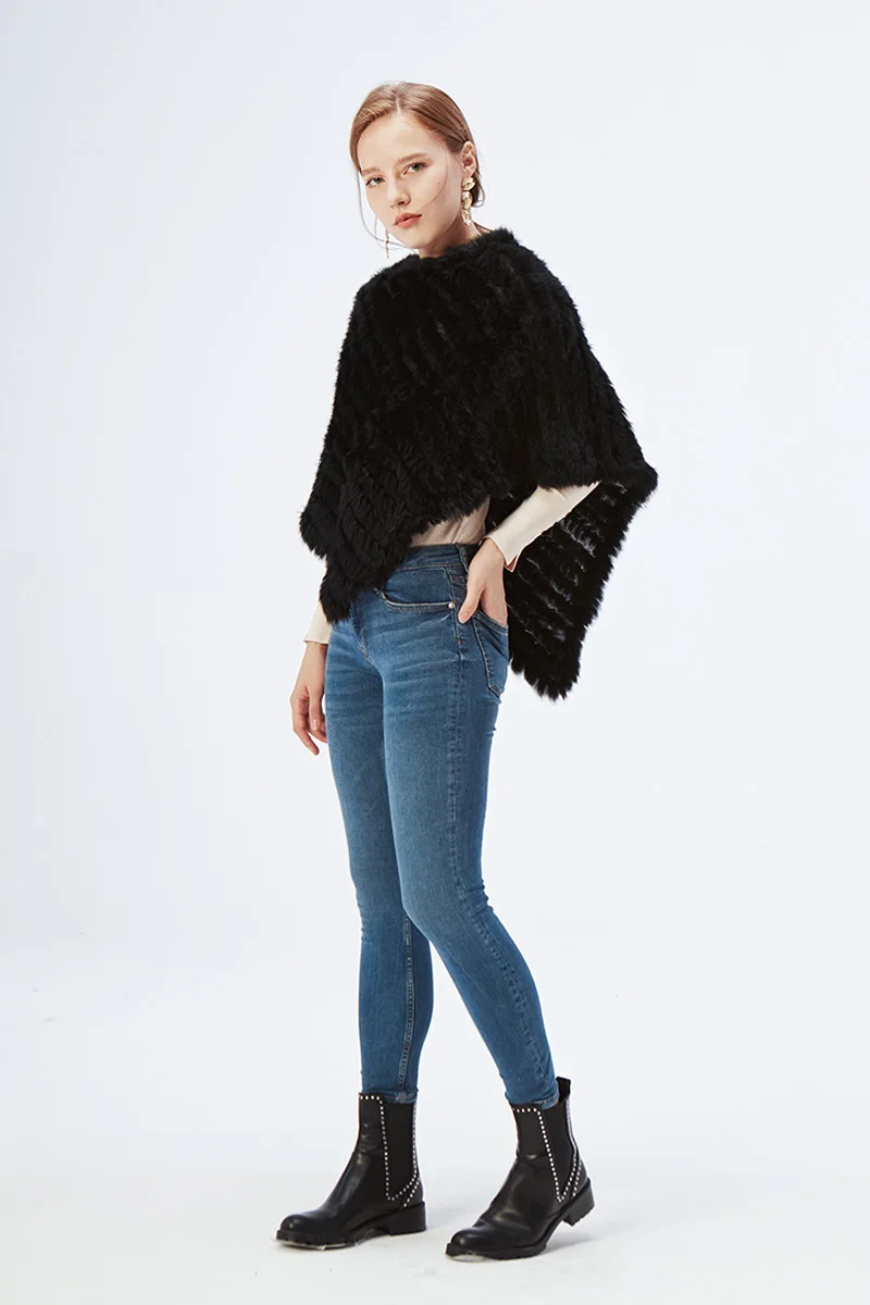 Ethel Anderson Fur Pullover For Women Knitted Genuine Rabbit Fur Poncho Capes Lady Real Fur Knit Wraps Triangle Shawls Jackets