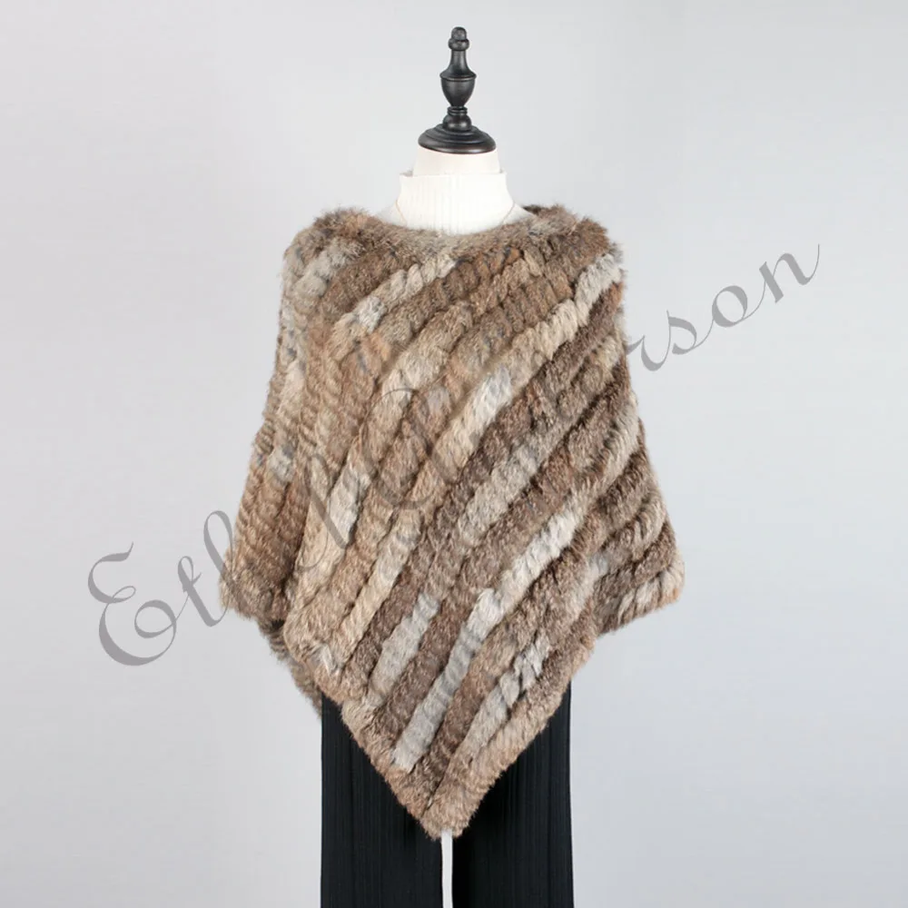 Ethel Anderson Fur Pullover For Women Knitted Genuine Rabbit Fur Poncho Capes Lady Real Fur Knit Wraps Triangle Shawls Jackets