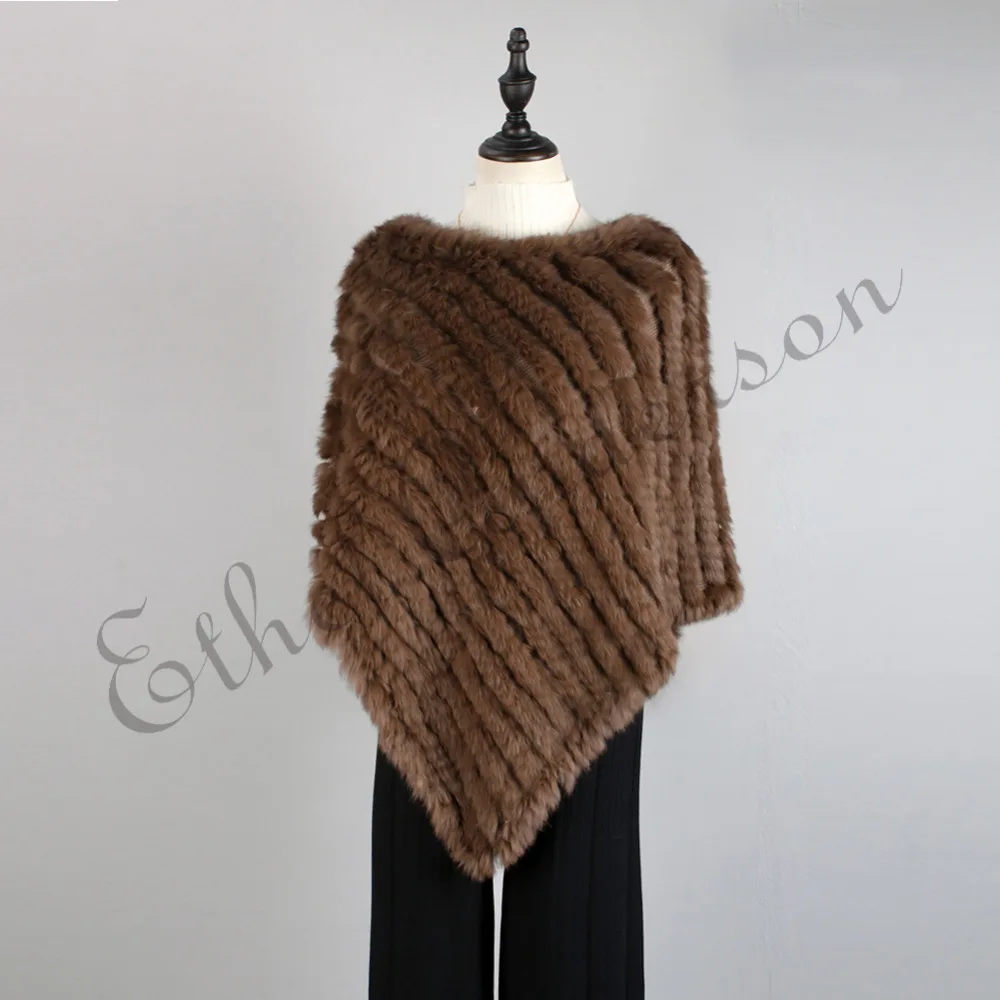 Ethel Anderson Fur Pullover For Women Knitted Genuine Rabbit Fur Poncho Capes Lady Real Fur Knit Wraps Triangle Shawls Jackets