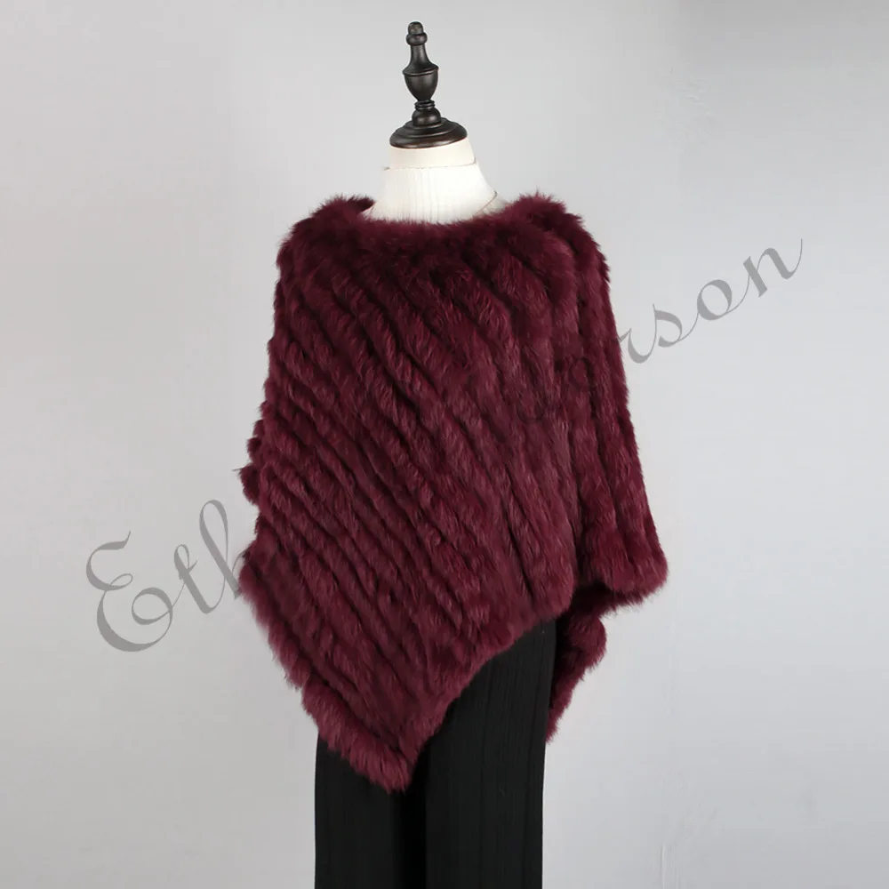 Ethel Anderson Fur Pullover For Women Knitted Genuine Rabbit Fur Poncho Capes Lady Real Fur Knit Wraps Triangle Shawls Jackets