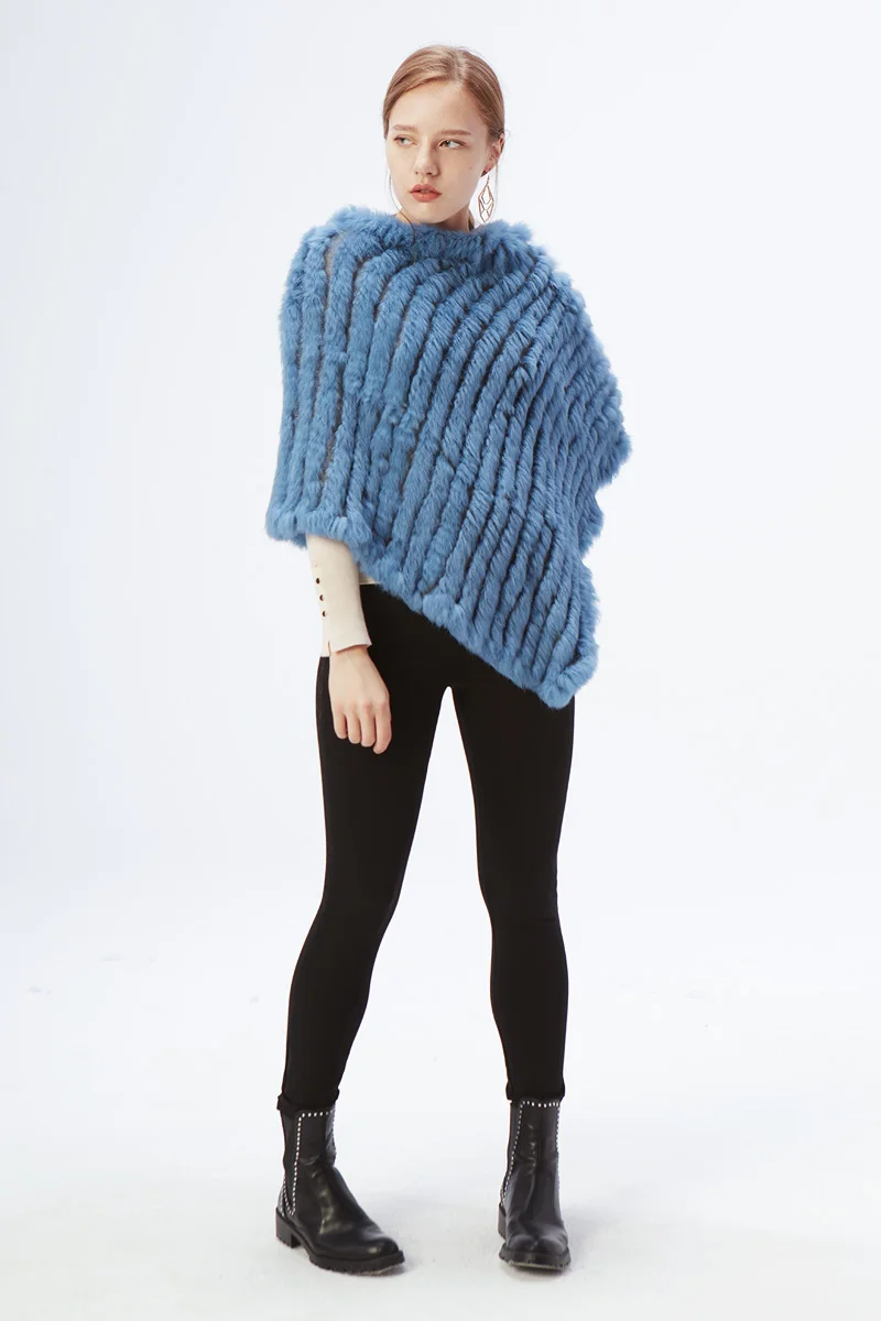 Ethel Anderson Fur Pullover For Women Knitted Genuine Rabbit Fur Poncho Capes Lady Real Fur Knit Wraps Triangle Shawls Jackets