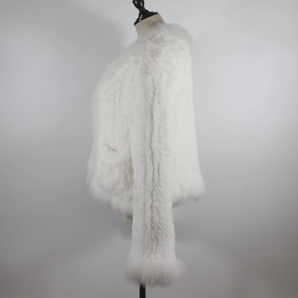 New Women Autumn Winter Knitted Real Rabbit Fur Coat 100% Natural Rabbit Fur Jacket With Fox Fur Collar Overcoat For Female