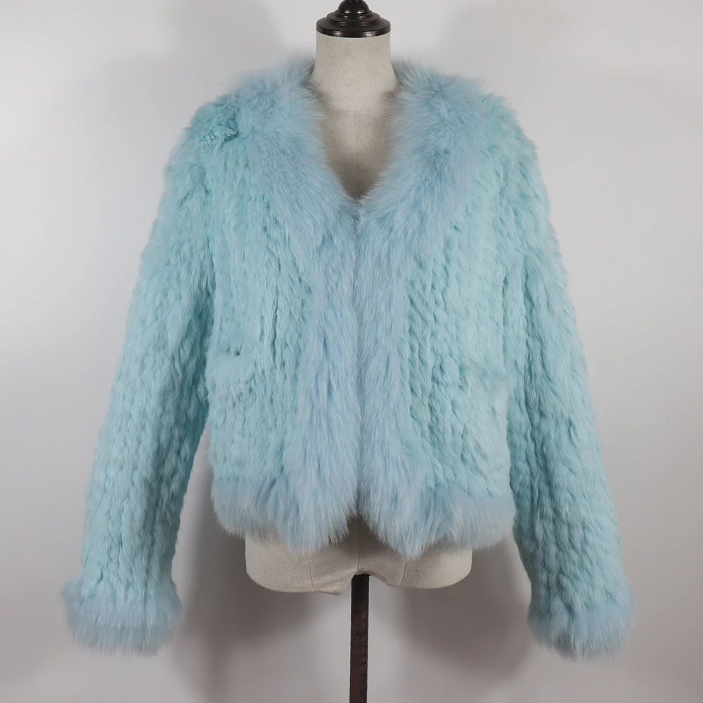 New Women Autumn Winter Knitted Real Rabbit Fur Coat 100% Natural Rabbit Fur Jacket With Fox Fur Collar Overcoat For Female