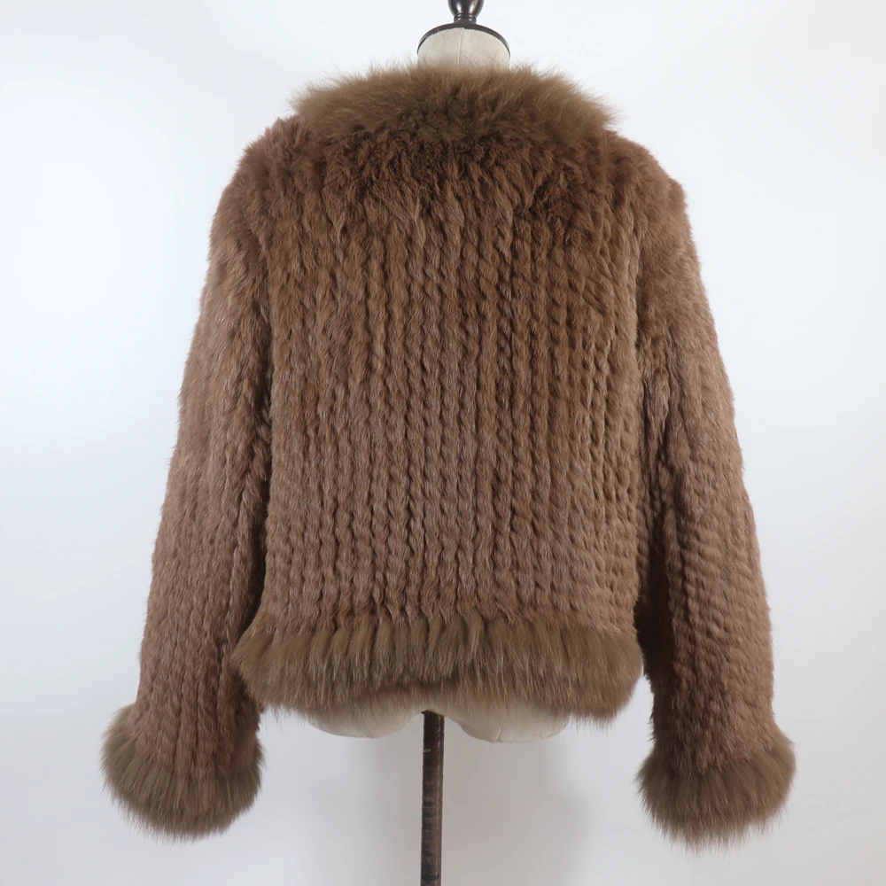 New Women Autumn Winter Knitted Real Rabbit Fur Coat 100% Natural Rabbit Fur Jacket With Fox Fur Collar Overcoat For Female