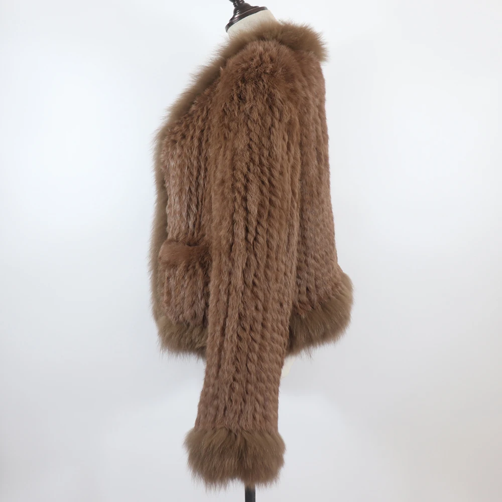 New Women Autumn Winter Knitted Real Rabbit Fur Coat 100% Natural Rabbit Fur Jacket With Fox Fur Collar Overcoat For Female
