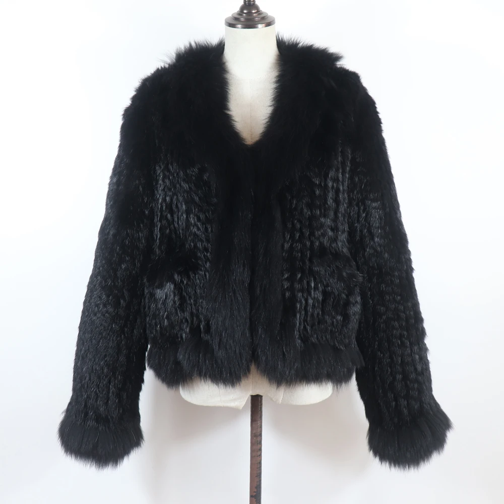 New Women Autumn Winter Knitted Real Rabbit Fur Coat 100% Natural Rabbit Fur Jacket With Fox Fur Collar Overcoat For Female