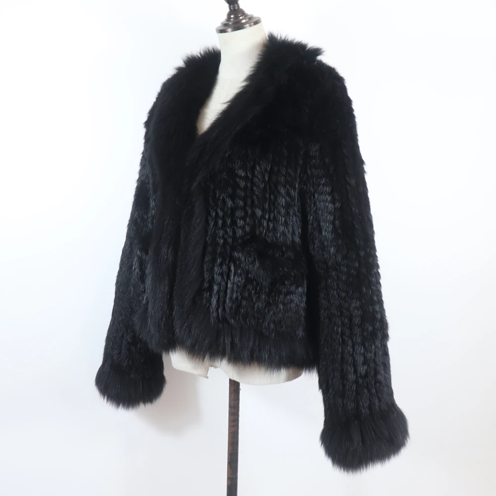 New Women Autumn Winter Knitted Real Rabbit Fur Coat 100% Natural Rabbit Fur Jacket With Fox Fur Collar Overcoat For Female