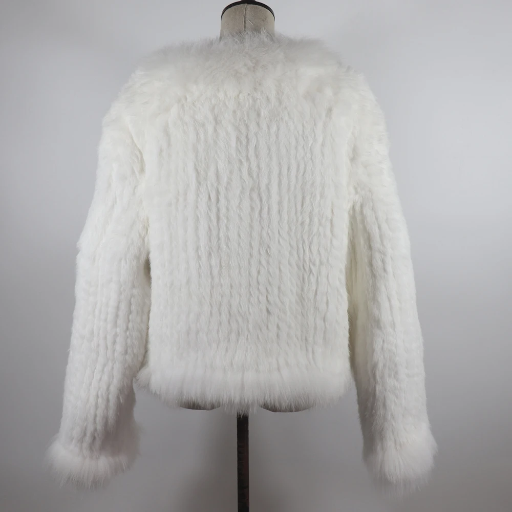 New Women Autumn Winter Knitted Real Rabbit Fur Coat 100% Natural Rabbit Fur Jacket With Fox Fur Collar Overcoat For Female