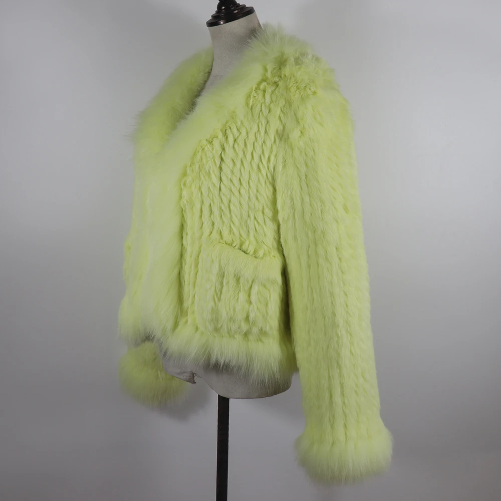New Women Autumn Winter Knitted Real Rabbit Fur Coat 100% Natural Rabbit Fur Jacket With Fox Fur Collar Overcoat For Female
