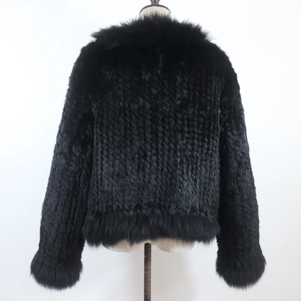 New Women Autumn Winter Knitted Real Rabbit Fur Coat 100% Natural Rabbit Fur Jacket With Fox Fur Collar Overcoat For Female