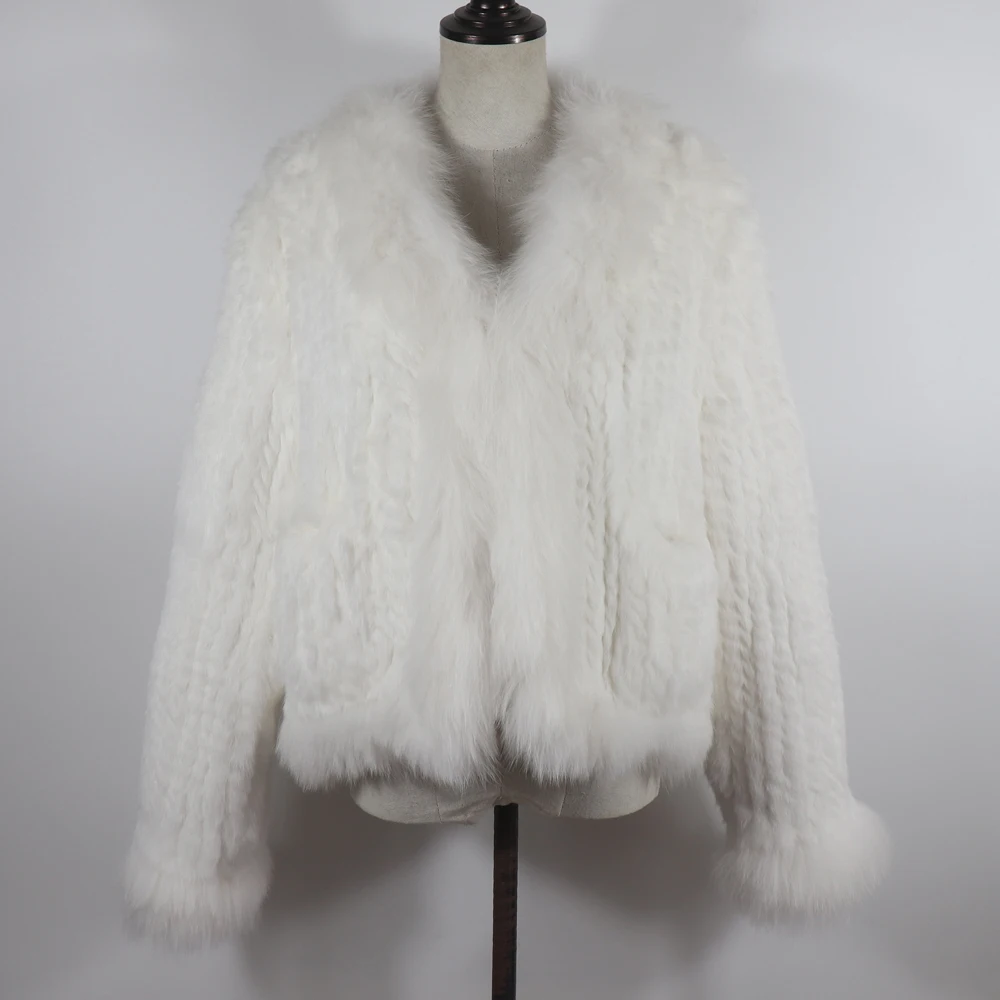 New Women Autumn Winter Knitted Real Rabbit Fur Coat 100% Natural Rabbit Fur Jacket With Fox Fur Collar Overcoat For Female