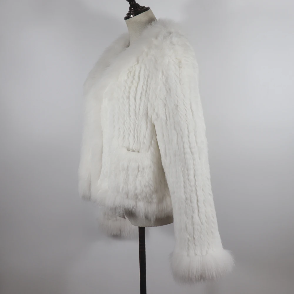 New Women Autumn Winter Knitted Real Rabbit Fur Coat 100% Natural Rabbit Fur Jacket With Fox Fur Collar Overcoat For Female
