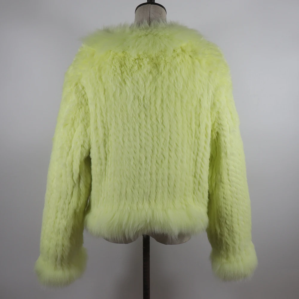 New Women Autumn Winter Knitted Real Rabbit Fur Coat 100% Natural Rabbit Fur Jacket With Fox Fur Collar Overcoat For Female