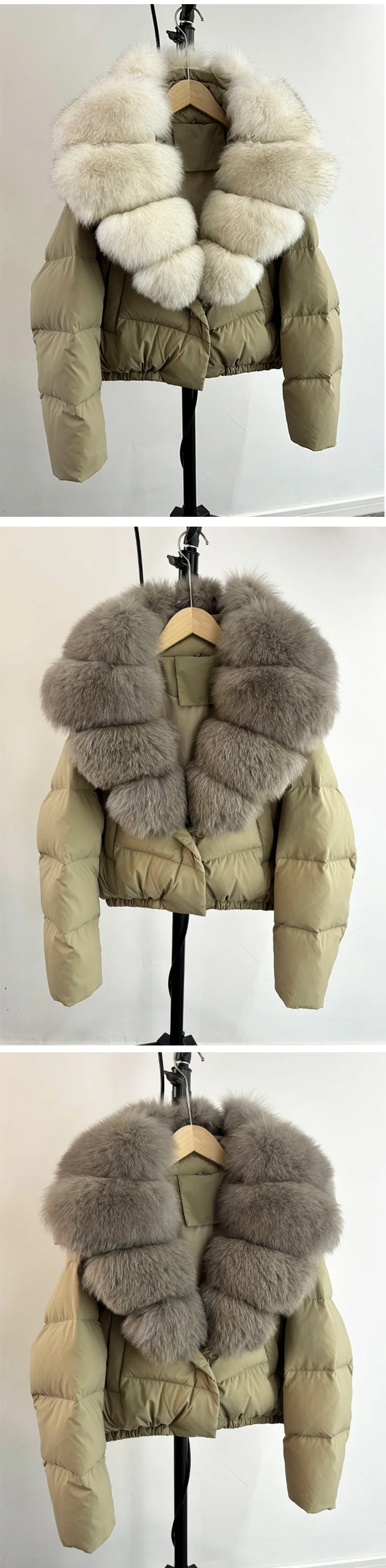 2025 New Winter Big Natural Fox Fur Fluffy Puffer Coat Women Button Warm 90White Duck Feather Down Short Jacket Waterproof Parka