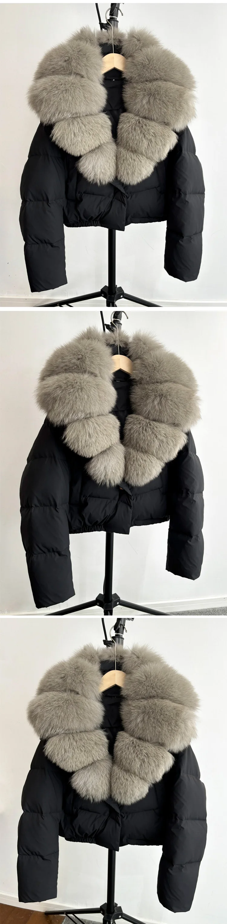 2025 New Winter Big Natural Fox Fur Fluffy Puffer Coat Women Button Warm 90White Duck Feather Down Short Jacket Waterproof Parka