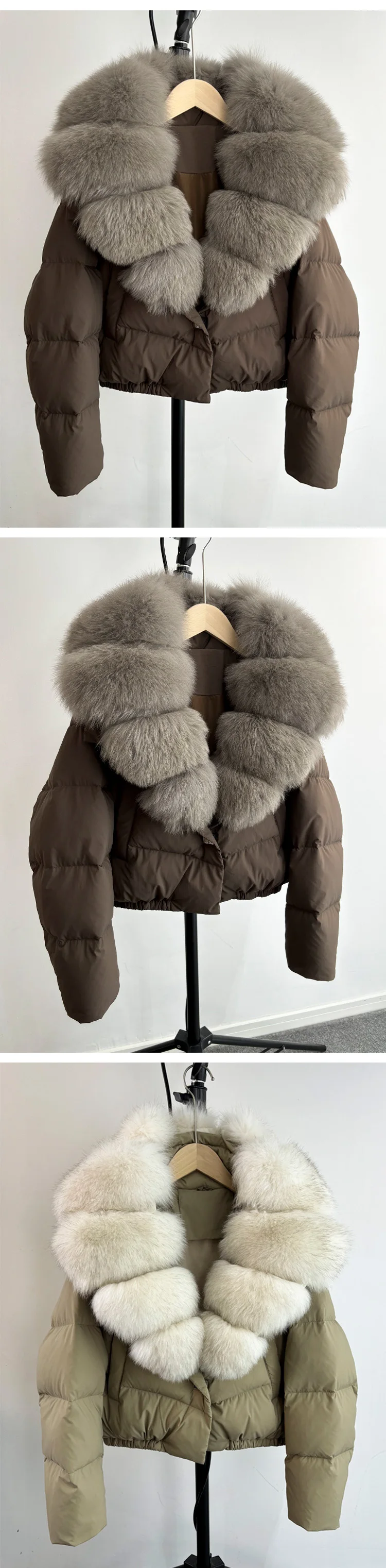 2025 New Winter Big Natural Fox Fur Fluffy Puffer Coat Women Button Warm 90White Duck Feather Down Short Jacket Waterproof Parka