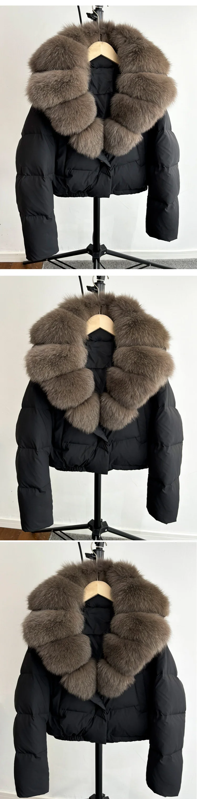 2025 New Winter Big Natural Fox Fur Fluffy Puffer Coat Women Button Warm 90White Duck Feather Down Short Jacket Waterproof Parka