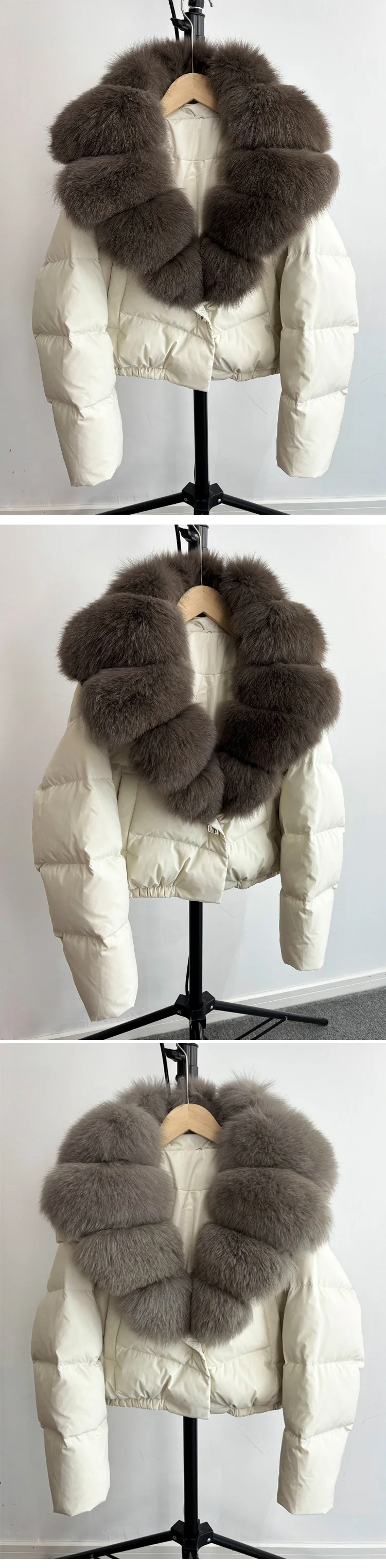 2025 New Winter Big Natural Fox Fur Fluffy Puffer Coat Women Button Warm 90White Duck Feather Down Short Jacket Waterproof Parka