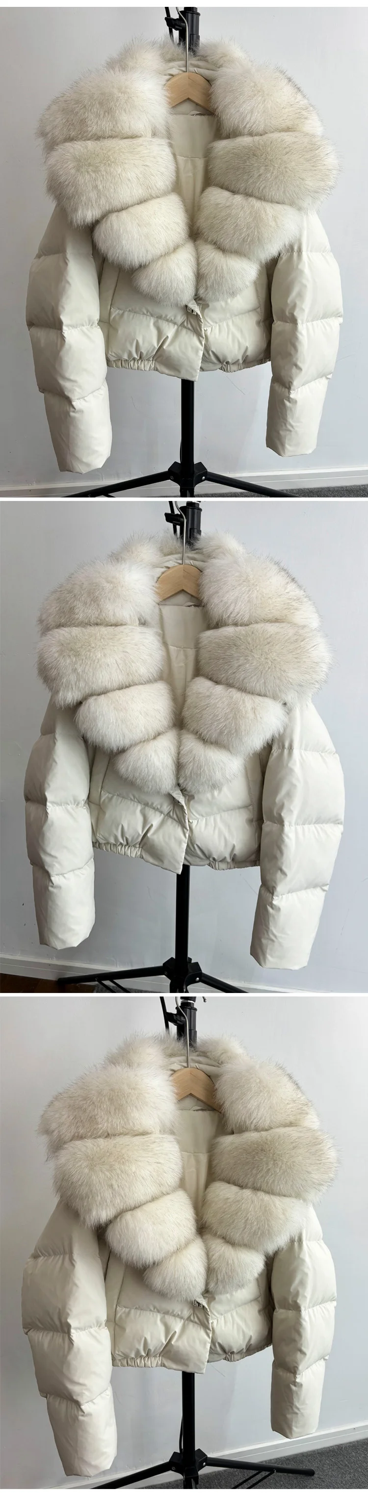 2025 New Winter Big Natural Fox Fur Fluffy Puffer Coat Women Button Warm 90White Duck Feather Down Short Jacket Waterproof Parka