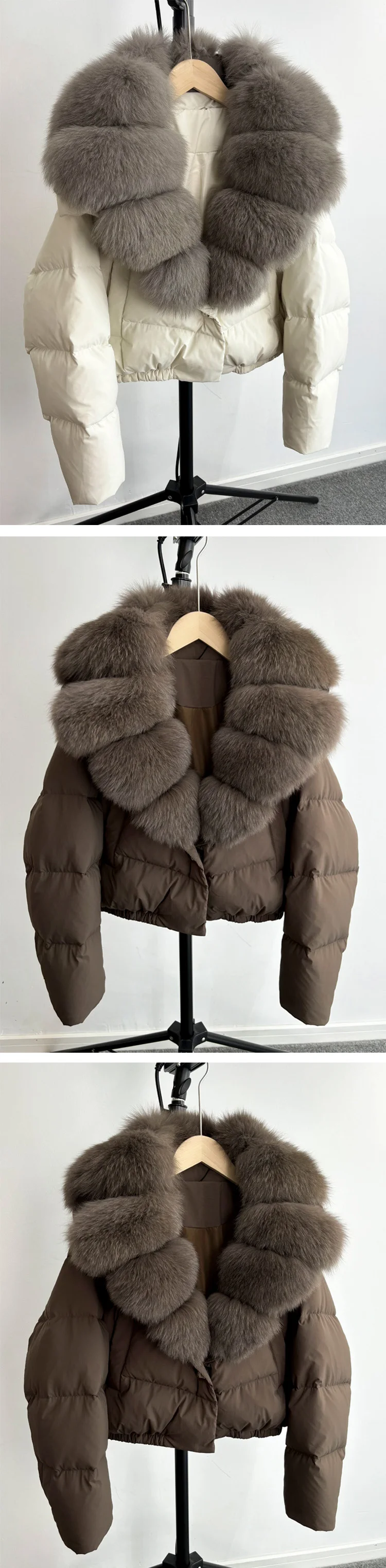 2025 New Winter Big Natural Fox Fur Fluffy Puffer Coat Women Button Warm 90White Duck Feather Down Short Jacket Waterproof Parka