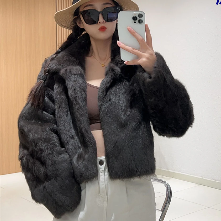 Fancy Rani Natural Fur Coat Women Winter Jacket Real Leather And Fur Short Women's Clothing Female Outerwears With 2024 Black
