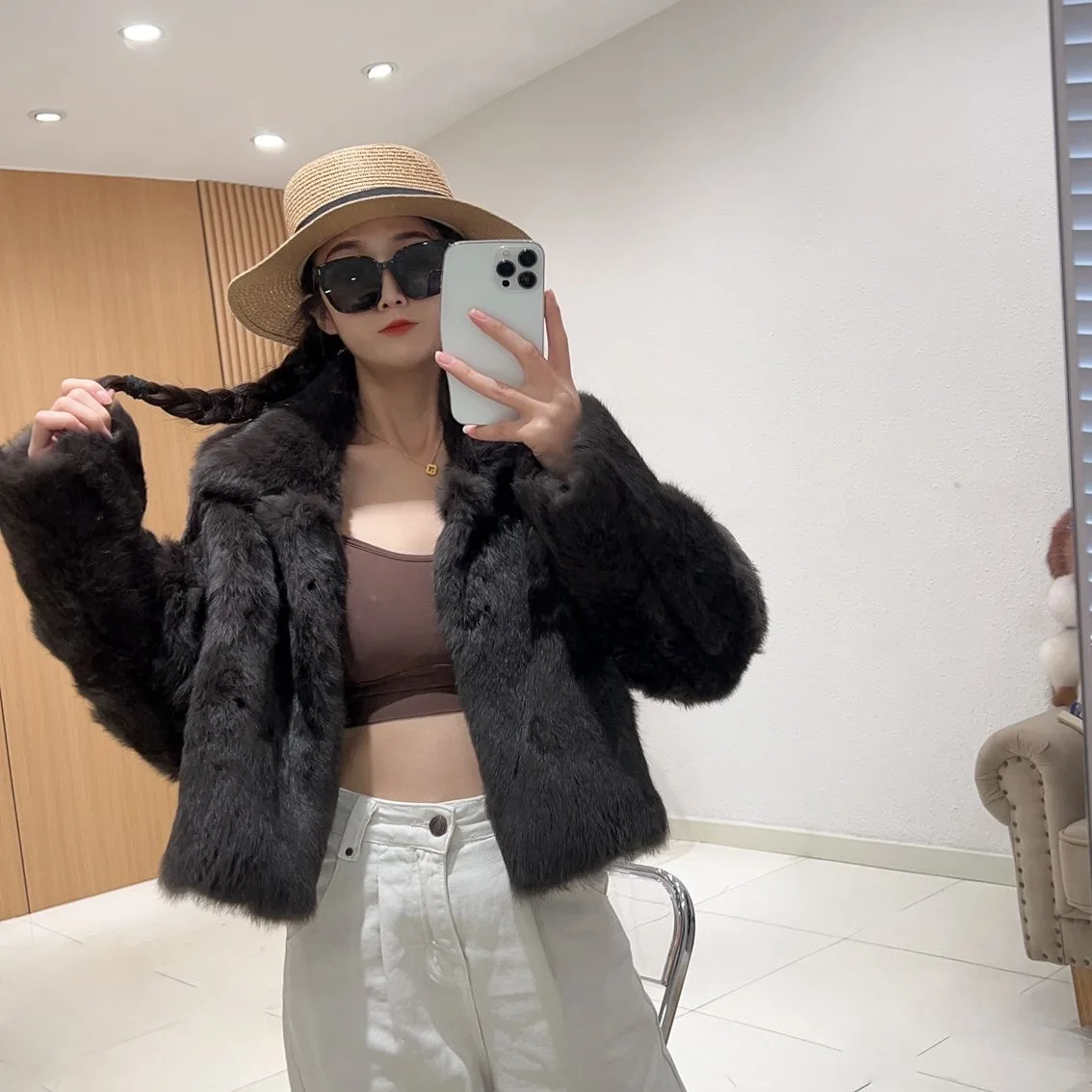 Fancy Rani Natural Fur Coat Women Winter Jacket Real Leather And Fur Short Women's Clothing Female Outerwears With 2024 Black
